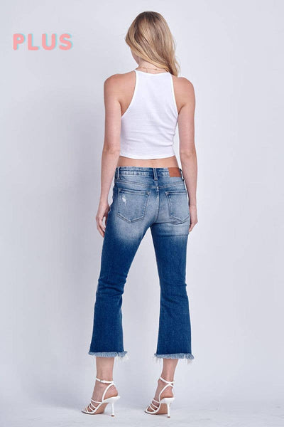 PLUS SIZE - HIGH RISE STRETCH CROP FLARE WITH FRAY HEM JEANS: 16/32