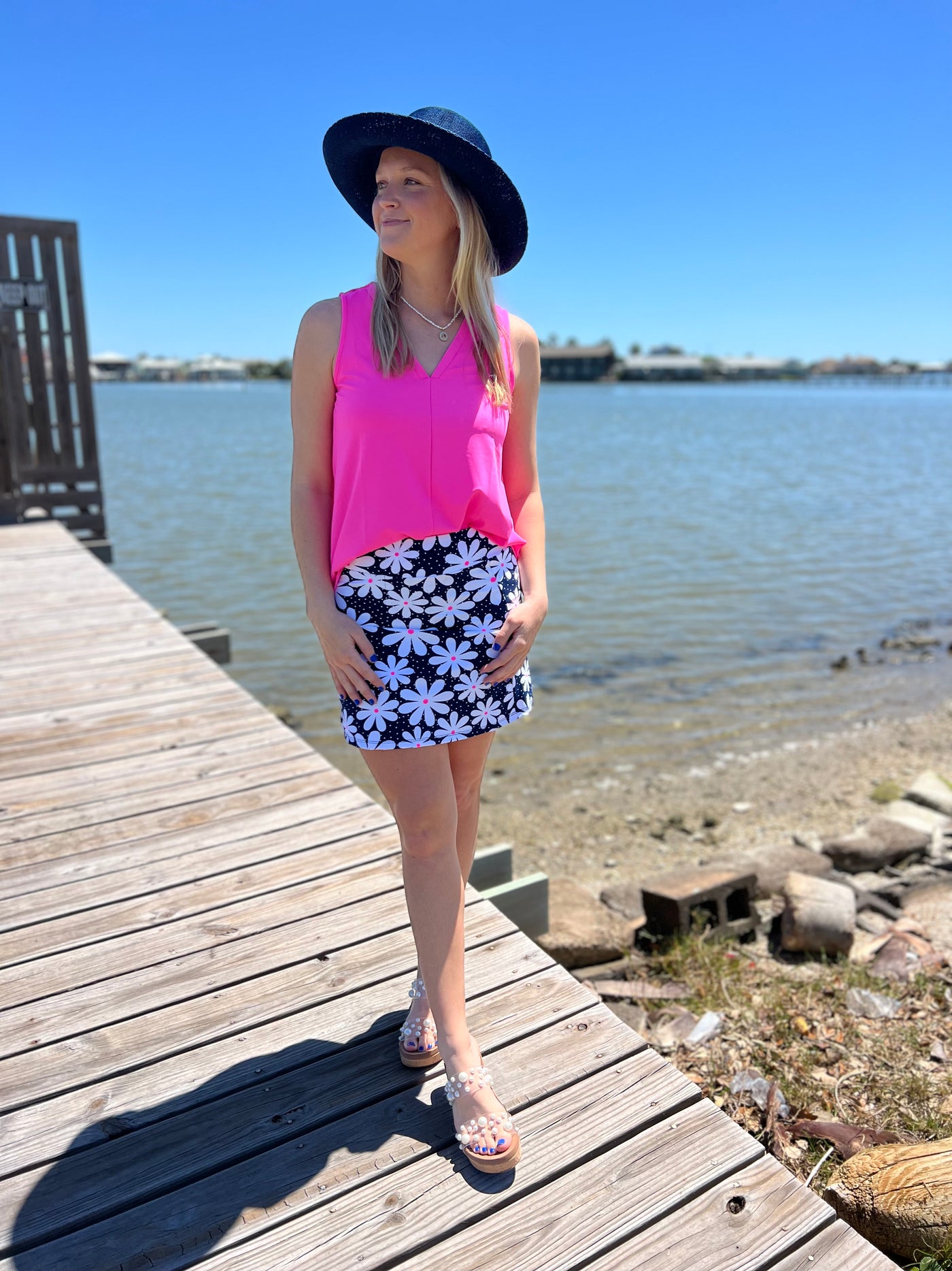 Bright Hot Pink Sleeveless V Neck