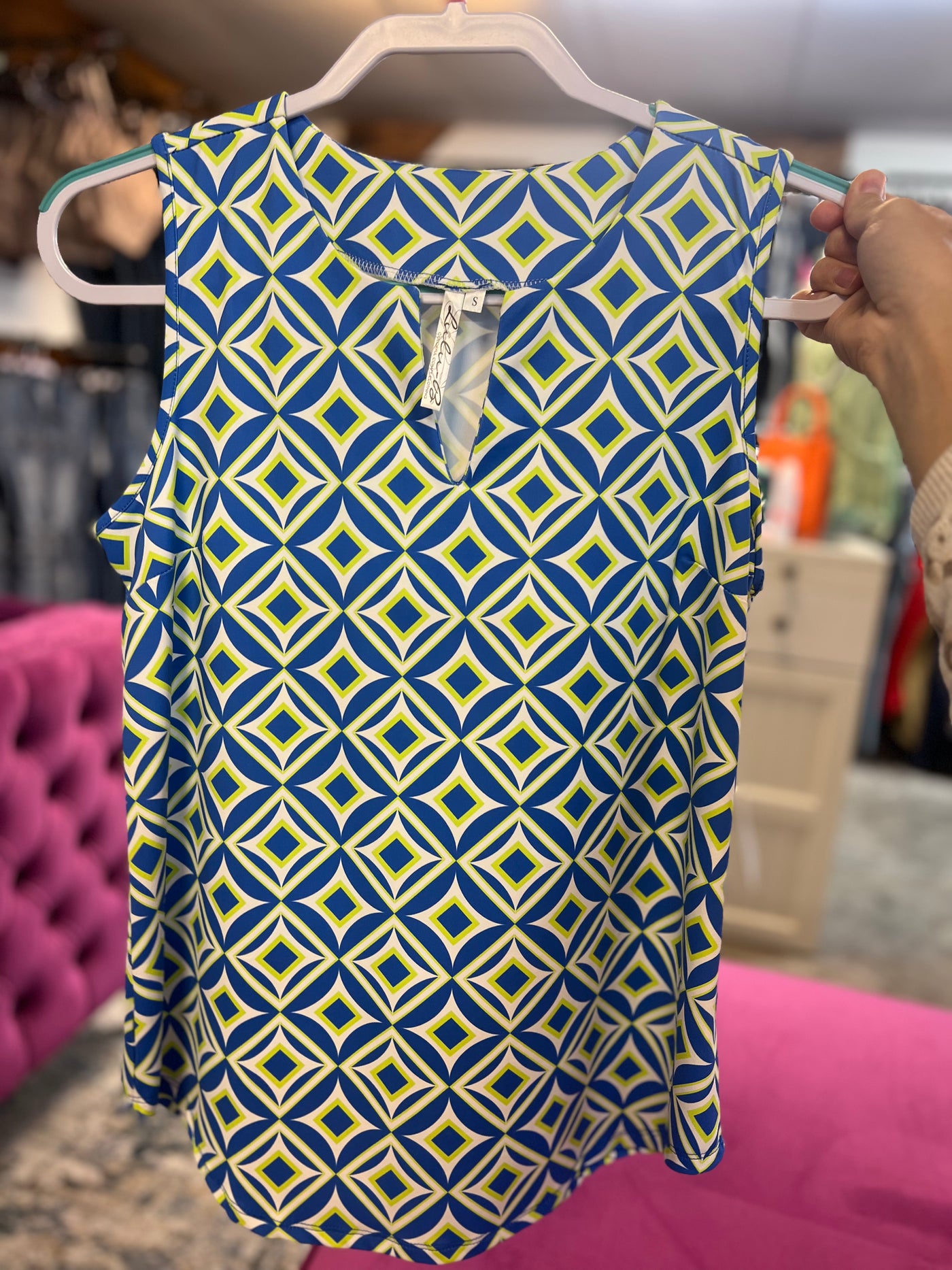 Blue and Lime Pattern Keyhole Sleeveless Top